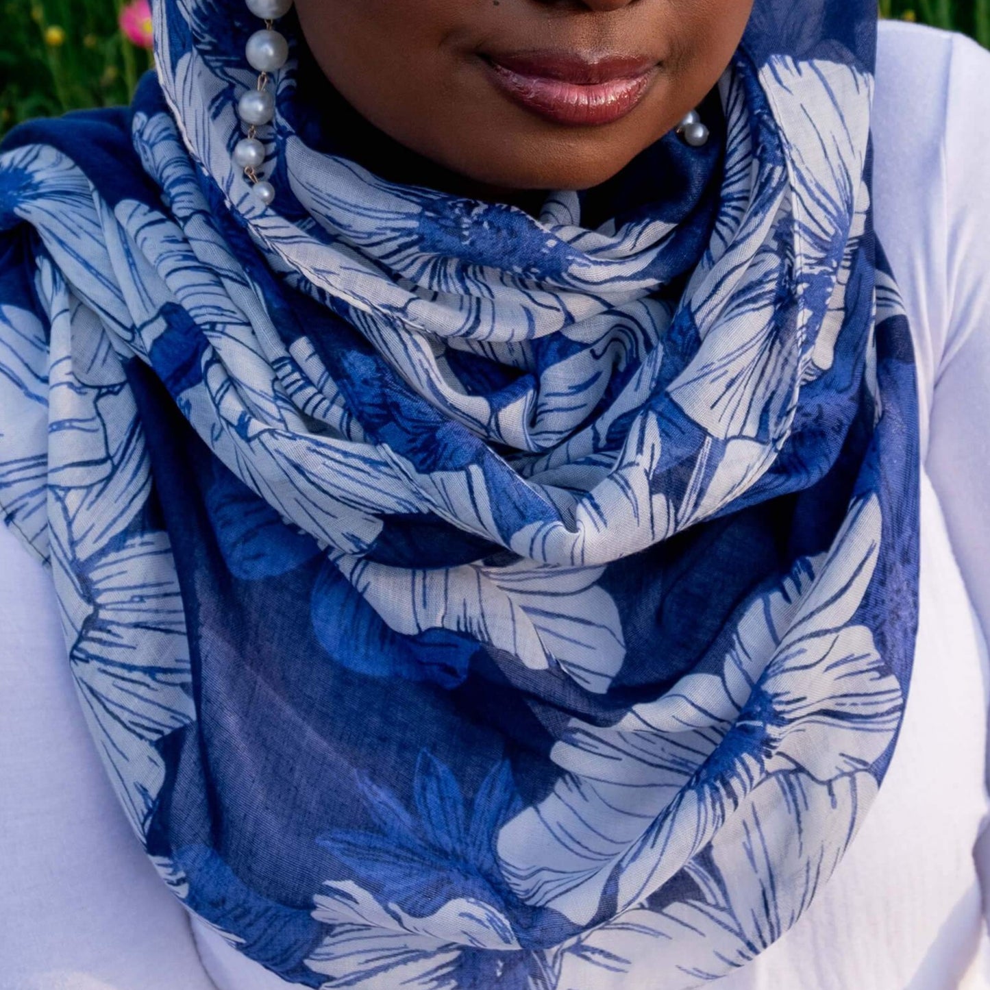 " Shaziya " Blue Floral Long Shawl Hijab